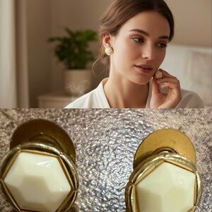 Vintage Monet Gold Tone Pierced Earrings Cream Faceted Lucite Geometric 80s 90s